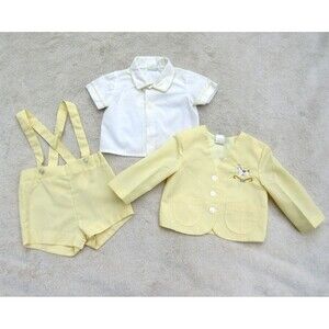 Baby Boy 3-Piece Outfit Set Yellow Blazer Rocking Horse Shortalls + Top 18M VTG